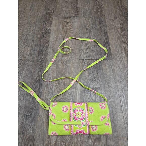 Stephanie Dawn Vintage Bright Neon Green Hot Pink Fabric Crossbody Purse Wallet - Picture 1 of 7